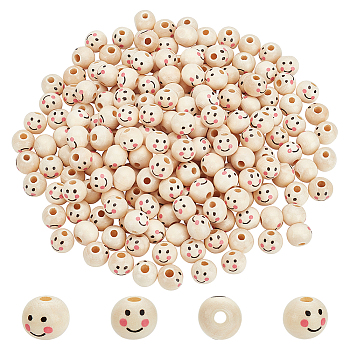 250Pcs Printed Wood Beads, Round with Smiling Face Pattern, Undyed, Old Lace, 10x8~8.5mm, Hole: 2.4~2.7mm