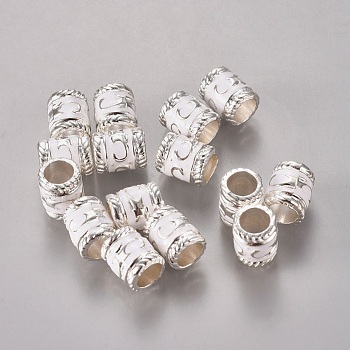 Enamel Alloy European Beads, Cadmium Free & Lead Free, Large Hole Column Beads, Silver Plated, White, White, 8.5x7mm, Hole: 5mm