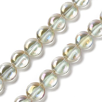 Electroplate Glass Beads Strands, Full Rainbow Plated, Flat Round, Light Goldenrod Yellow, 12~12.5x6.5mm, Hole: 1mm, about 50pcs/strand, 23.62 inch(60cm)