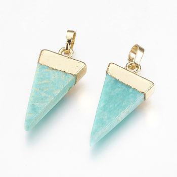 Natural Amazonite Pendants, with Brass Findings, Triangle, Golden, 27~29x12~13x4~5mm, Hole: 4x6mm