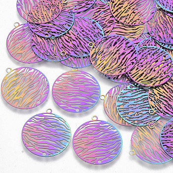 Ion Plating(IP) 201 Stainless Steel Filigree Pendants, Etched Metal Embellishments, Flat Round, Rainbow Color, 22x20x0.3mm, Hole: 1mm