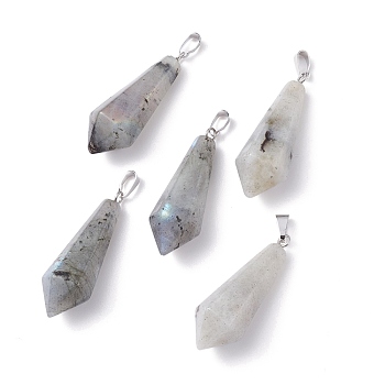 Natural Labradorite Pointed Pendants, with Platinum Plated Brass Loops, Bullet, 35.3~38x13~14mm, Hole: 6.5x2.8mm