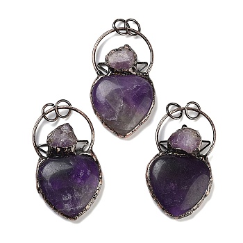 Natural Amethyst& Amethyst Big Pendants, Brass Heart Charms with Jump Rings, Red Copper, 55~57x32~33x9~11mm, Hole: 6.6mm