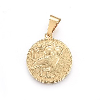 304 Stainless Steel Pendants, Flat Round with Owl, Golden, 28x25x3mm, Hole: 10x5mm