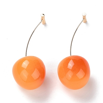 Lifelike Cherry Resin Dangle Stud Earrings, Fruit Brass Earrings for Girl Women, Light Gold, Orange, 56mm, Pin: 0.6mm
