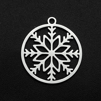 Christmas 201 Stainless Steel Pendants, Laser Cut, Ring with Snowflake, Stainless Steel Color, 22x20x1mm, Hole: 1.6mm