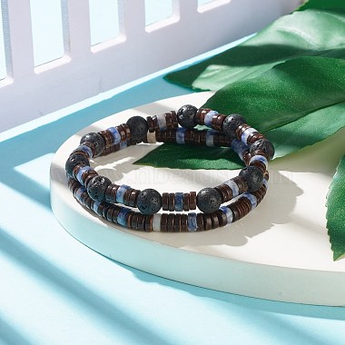 2Pcs 2 Style Natural Coconut & Blue Spot Jasper & Lava Rock Beaded Stretch Bracelets Set(BJEW-JB07944)-2