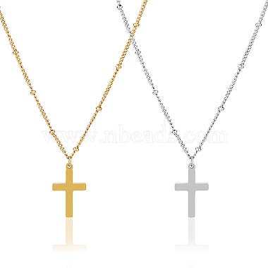 2pcs 2 couleurs 304 collier pendentif croix en acier inoxydable avec chaînes satellites(NJEW-FI0001-48)-8