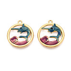 304 Stainless Steel Enamel Pendants, Ring & Swordfish Charms, Ion Plating(IP), Real 18K Gold Plated, Cadet Blue, 25x22x2.5mm, Hole: 1.7mm(STAS-N124-07G)