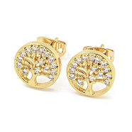 Brass Micro Pave Cubic Zirconia Stud Earrings, Tree of Life, Real 18K Gold Plated, 10mm(EJEW-P261-37G)