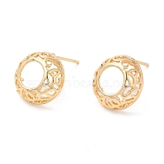 Brass Stud Earrings, Hollow Flat Round, Real 18K Gold Plated, 13x5mm(KK-K333-43G)