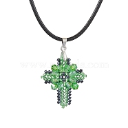 Transparent Electroplate Glass Pendant Necklaces, Seed Beads  Pendant Necklaces, Imitation Leather Cord, Cross, Lime, 17.72 inch(45cm)(NJEW-MZ00040-02)