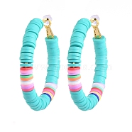 Basketball Wives Style Brass Heishi Beaded Hoop Earrings, with Plastic Earring Backs, Ring, Medium Turquoise, 50mm, Pin: 0.7mm(X-EJEW-JE04083-04)