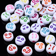 Opaque White Acrylic Beads, Craft Style, Flat Round with Expression, Mixed Color, 6.5x3.5mm, Hole: 1.5mm, about 4100pcs/500g(MACR-N012-09)