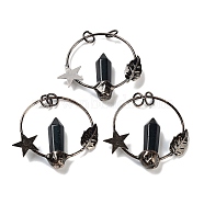 Natural Obsidian Faceted Pointed Bullet Big Pendants, Brass Ring Charms with Star & Moon & Jump Rings, Red Copper, 47~49x52.5x9.5~10mm, Hole: 6.6mm(G-A221-01A)