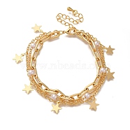 Star Brass Cable Chain Bracelets, Multi-Strand Bracelets For Women, with ABS Plastic Pearl, Real 18K Gold Plated, 6-1/2 inch(16.5cm)(BJEW-L696-033G)