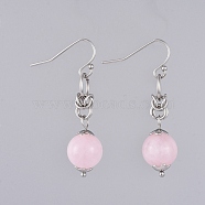 Natural Rose Quartz Dangle Earrings, with 304 Stainless Steel Flower Bead Caps and 316 Surgical Stainless Steel Earring Hooks, 39mm, Pin: 0.6mm(EJEW-JE03934-01)