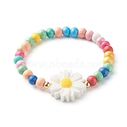 Natural Wood Round Beads Stretch Bracelets for Kid, with Resin Beads, Daisy Flower, Colorful, Inner Diameter: 2 inch(5.05cm), 6.5mm(BJEW-JB06638)