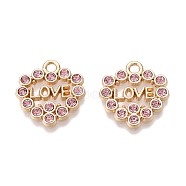 Rack Plating Alloy Pendants, with Rhinestone, Heart with Word Love, Light Rose, 16.5x16x2mm, Hole: 2mm(FIND-N005-27G-02)