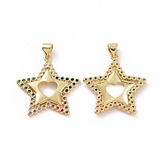 Brass Micro Pave Clear Cubic Zirconia Pendants, Star with Heart, Golden, 27x25x2.5mm, Hole: 3.5x5mm(ZIRC-F135-20G)