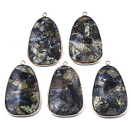 Assembled Synthetic Pyrite and Kyanite/Cyanite/Disthene Big Pendants, with Brass Edge and Loop, Egg Stone, Light Gold, 51~52x30~31x5~6mm, Hole: 2mm(G-R481-04)