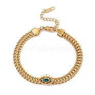Teal Cubic Zirconia Horse Eye Link Bracelet, Ion Plating(IP) 304 Stainless Steel Jewelry for Women, Golden, 7-1/4 inch(18.5cm)(BJEW-F396-21G)