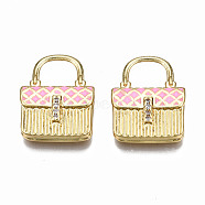 Brass Micro Pave Cubic Zirconia Enamel Pendants, Nickel Free, Real 16K Gold Plated, Bag, Hot Pink, 20x15.5x4mm, Hole: 6.5x8mm(ZIRC-Q200-020C-NF)