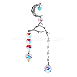 Alloy Moon & Branches Hanging Ornaments, Glass Round/Heart Tassel Suncatchers for Garden Outdoor Hanging Decorations, Colorful, 365mm(PW-WG23D97-01)