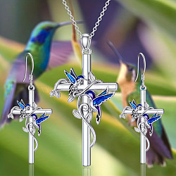 Cross with Bird Alloy Enamel Pendant Necklaces & Dangle Earrings Sets, Platinum, 450mm & 43mm(FS-WG79AEB-02)