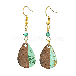 Resin & Walnut Wood Teardrop Dangle Earrings, Glass Beaded Long Drop Earrings with Iron Pins, Medium Aquamarine, 54x14.5mm(EJEW-JE05445-01)
