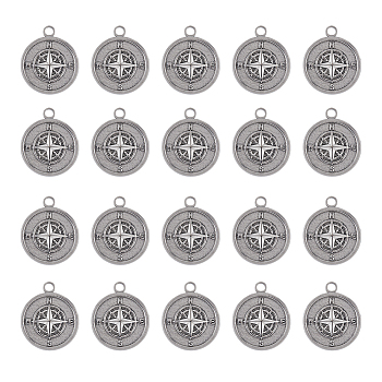 304 Stainless Steel Pendants, Flat Round with Compass, Stainless Steel Color, 19x16x2mm, Hole: 2mm, 20pcs/box