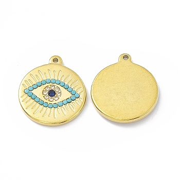 Ion Plating(IP) Golden 304 Stainless Steel Pendants, with Cubic Zirconia, Flat Round with Evil Eye Charm, Deep Sky Blue, 21.5x18x2mm, Hole: 1.2mm