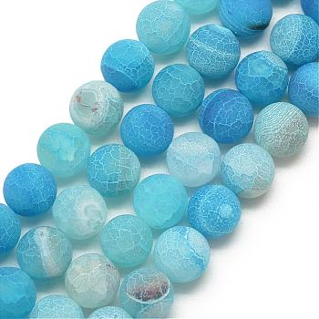 Natural Weathered Agate Bead Strands, Frosted, Dyed, Round, Deep Sky Blue, 10~10.5mm, Hole: 1.5mm, about 37pcs/strand, 14.6 inch