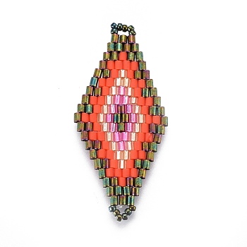 MIYUKI & TOHO Handmade Japanese Seed Beads Links, Loom Pattern, Rhombus, Orange Red, 43~44.1x19.4~20.2x1.6~1.8mm, Hole: 1.6~1.8mm