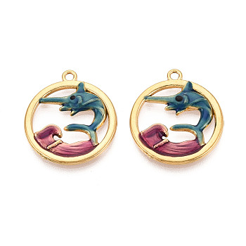 304 Stainless Steel Enamel Pendants, Ring & Swordfish Charms, Ion Plating(IP), Real 18K Gold Plated, Cadet Blue, 25x22x2.5mm, Hole: 1.7mm