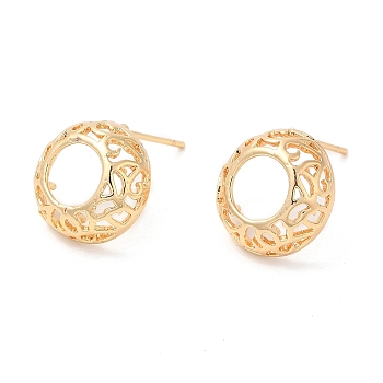 Brass Stud Earrings, Hollow Flat Round, Real 18K Gold Plated, 13x5mm