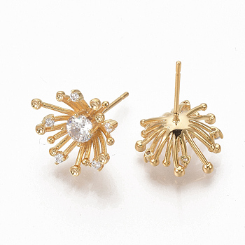 Brass Clear Cubic Zirconia Stud Earrings, Nickel Free, Flower, Real 18K Gold Plated, 18x13.5mm, Pin: 0.8mm