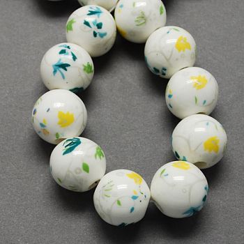 Handmade Printed Porcelain Beads, Round, Light Sky Blue, 12mm, Hole: 2mm