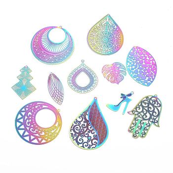 201 Stainless Steel Filigree Pendants, Etched Metal Embellishments, Mixed Shapes, Mixed Color, 26~60x12~48.5x0.2~0.3mm, Hole: 1.2~1.8mm