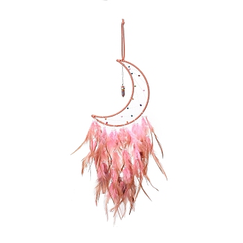 Moon Woven Net/Web with Feather Pendant Decoration, Bullet Synthetic Turquoise Charm Hanging Wall Decoration, for Home Bedroom Car Ornaments Birthday Gift, Pink, 600mm