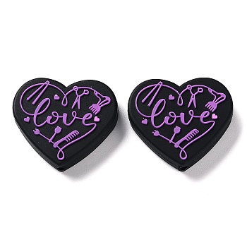 Food Grade Heart with Word Love Silicone Focal Beads, for Beadable Pens DIY Nursing Necklaces Making, Dark Orchid, 27x30x7mm, Hole: 3mm