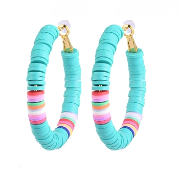 Basketball Wives Style Brass Heishi Beaded Hoop Earrings, with Plastic Earring Backs, Ring, Medium Turquoise, 50mm, Pin: 0.7mm