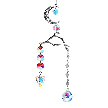 Alloy Moon & Branches Hanging Ornaments, Glass Round/Heart Tassel Suncatchers for Garden Outdoor Hanging Decorations, Colorful, 365mm