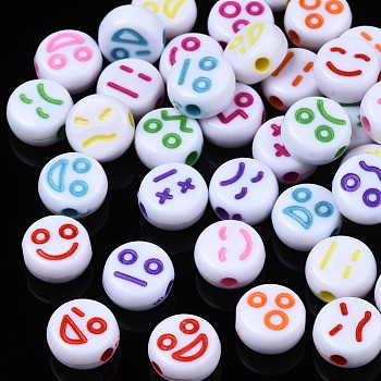 Opaque White Acrylic Beads, Craft Style, Flat Round with Expression, Mixed Color, 6.5x3.5mm, Hole: 1.5mm, about 4100pcs/500g