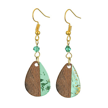 Resin & Walnut Wood Teardrop Dangle Earrings, Glass Beaded Long Drop Earrings with Iron Pins, Medium Aquamarine, 54x14.5mm