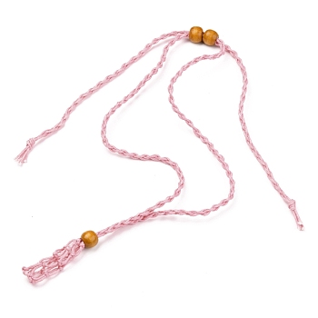 Adjustable Braided Waxed Cord Macrame Pouch Necklace Making, Interchangeable Stone, with Wood Beads , Pink, 30.31~36.22 inch(770~920mm)