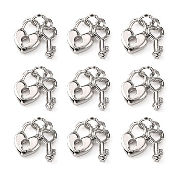 Tibetan Style Skeleton Key and Heart Lock Charms, Open Your Heart, for Valentine Gift Making, Platinum, 11x8x3mm, Hole: 5mm