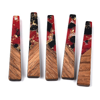 Transparent Resin & Walnut Wood Pendants, with Gold Foil, Trapezoid Charms, Waxed, Crimson, 44.5x8x3mm, Hole: 2mm