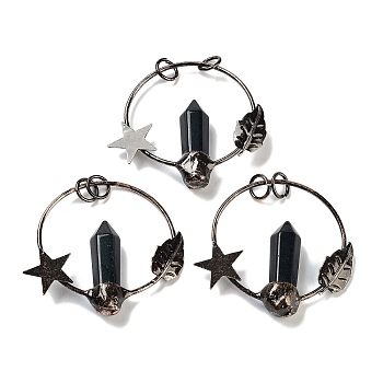 Natural Obsidian Faceted Pointed Bullet Big Pendants, Brass Ring Charms with Star & Moon & Jump Rings, Red Copper, 47~49x52.5x9.5~10mm, Hole: 6.6mm