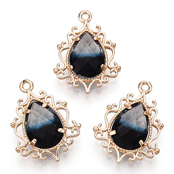 Golden Tone Brass Pendants, with Faceted Glass, Teardrop, Black, 25.5x19x6mm, Hole: 1.6mm